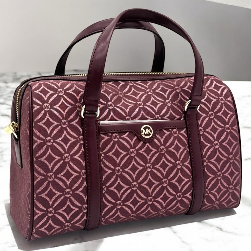 Michael Kors Jet Set Travel Medium Signature Logo Duffel Crossbody Bag Ox Blood - Picture 2 of 10